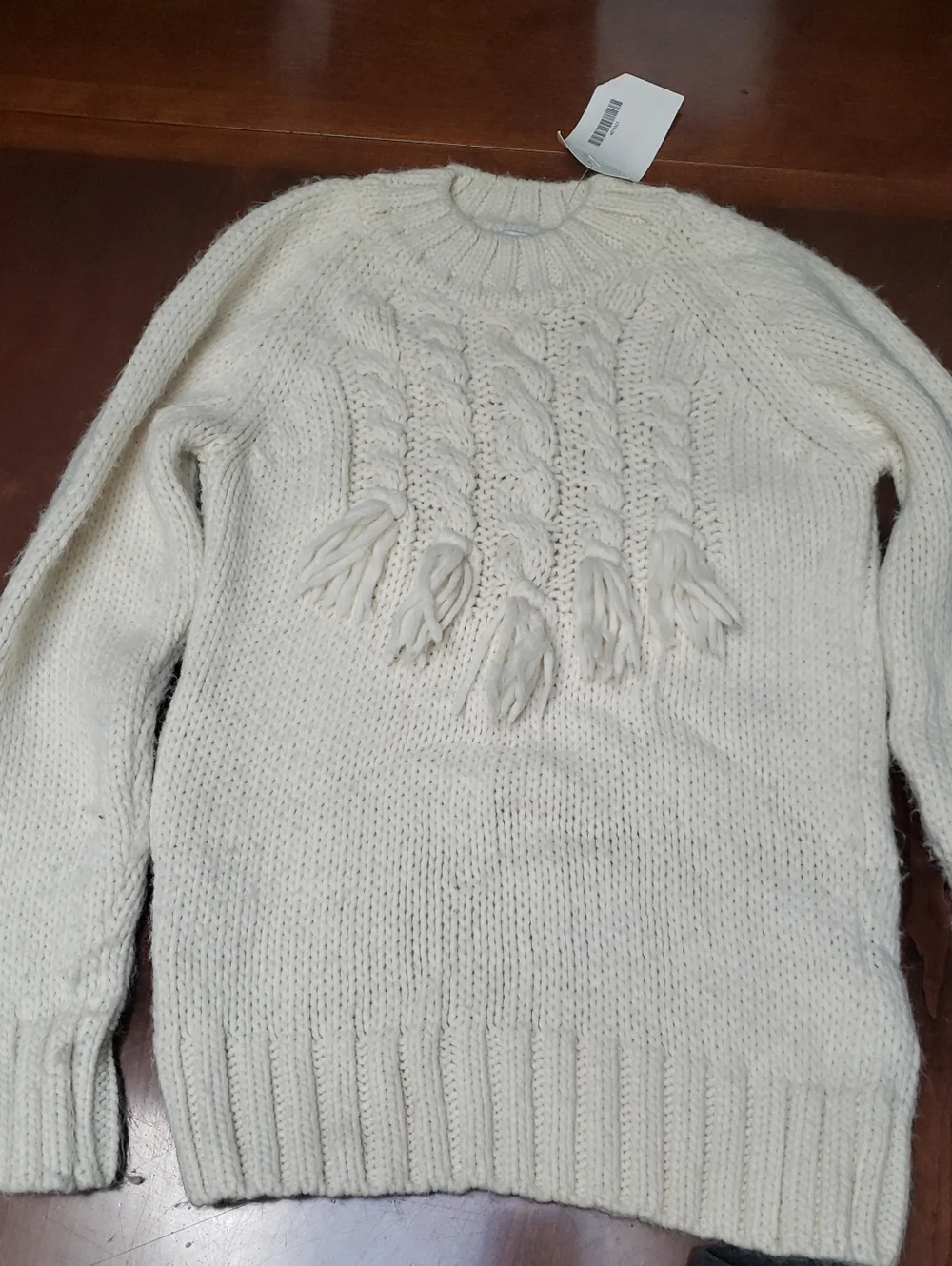 Mayoral Cream Cable-Knit Tassel Crewneck Sweater